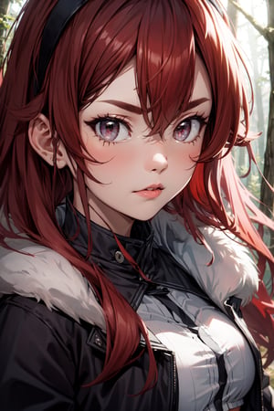 (masterpiece), best quality, expressive eyes, perfect face, (((medium close-up))), looking at viewer, erism, 1girl, solo, mature female, large breasts, red hair, long hair, ahoge, hairband, crossed bangs, hair between eyes, black hairband, sidelocks, red eyes, white shirt, fur-trimmed jacket, ((black jacket)), open jacket, coat, crop top, (forest), trail, (sky)