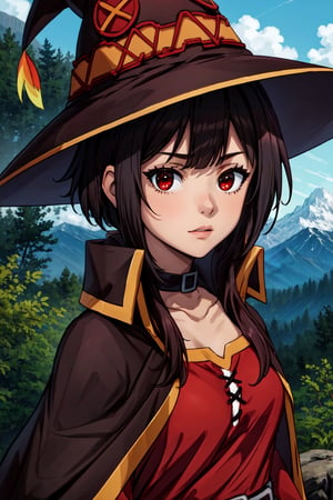 (masterpiece), best quality, expressive eyes, perfect face, looking at viewer, 1girl, solo, ((portrait)), upper body, collar, (medium breasts), red eyes, black hair, short hair, short hair with long locks, sidelocks, (forest), mountains, sky, megu hat, megu dress, megu cape