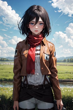 (masterpiece), best quality, high quality, expressive eyes, perfect face, looking at viewer, 1girl, solo, (cowboy shot), brown jacket, long sleeves, emblem, scarf, red scarf, white pants, belt, thigh strap, black eyes, black hair, short hair, ((pasture)), (sky), hmmikasa