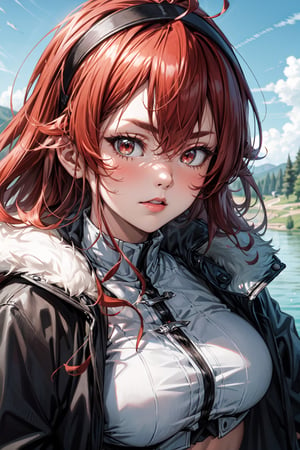 (masterpiece), best quality, expressive eyes, perfect face, (close-up on face), looking at viewer, erism, 1girl, solo, mature female, large breasts, red hair, long hair, ahoge, hairband, crossed bangs, hair between eyes, black hairband, sidelocks, red eyes, white shirt, fur-trimmed jacket, ((black jacket)), open jacket, coat, crop top, (lake), (sky)