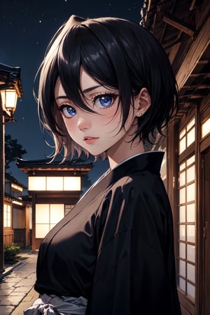 (masterpiece), best quality, expressive eyes, perfect face, looking at viewer, 1girl, solo, (portrait), (upper body), mature female, (black kimono), black robes, (small breasts), blue eyes, black hair, short hair, (night), japanese architecture, houses