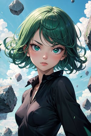 (masterpiece), best quality, expressive eyes, perfect face, looking at viewer, 1girl, solo, (portrait), (upper body), (black dress), (small breasts), green eyes, green hair, short hair, weavy hair, floating, flying stones, sky, tatsumaki