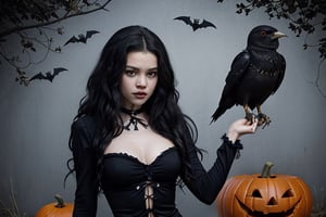 Girl,with an Merlina Addams costume, halloween 
