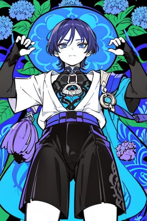 masterpiece, best quality, high quality, 1boy, (from below:1.2), flowers, blue hydrangeas, big flowers, flat color, lineart, abstract, ornate, monochrome palette, polychrome, wanderer, limited palette, red eyeliner, green theme
