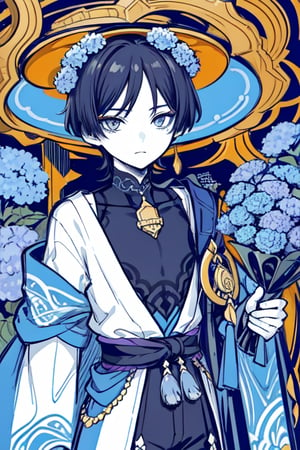 masterpiece, best quality, high quality, 1boy, flowers, blue hydrangeas, big flowers, flat color, lineart, abstract, ornate, monochrome, polychrome, wanderer, limited palette, red eyeliner