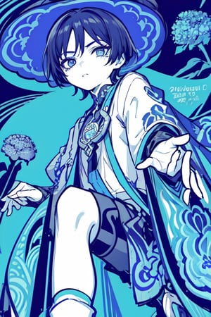 masterpiece, best quality, high quality, 1boy, (from below:1.2), flowers, blue hydrangeas, big flowers, flat color, lineart, abstract, ornate, monochrome, polychrome, wanderer, limited palette, red eyeliner