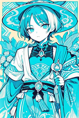 masterpiece, best quality, 1boy, flowers, blue hydrangea, flat color, lineart, abstract, ornate, turquoise theme, Monochrome,polychrome,wanderer,limited palette