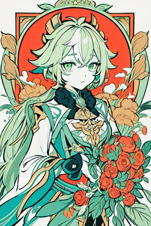 masterpiece, best quality, high quality, 1girl, flowers, strawberry flowers, big flowers, flat color, lineart, abstract, ornate, light green theme, polychrome, wanderer, limited palette, ,sucrose \(genshin impact\)