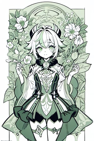 masterpiece, best quality, high quality, 1girl, flowers, strawberry flowers, big flowers, flat color, lineart, abstract, ornate, light green theme,  monochrome palette, polychrome, wanderer, limited palette, ,sucrose \(genshin impact\)