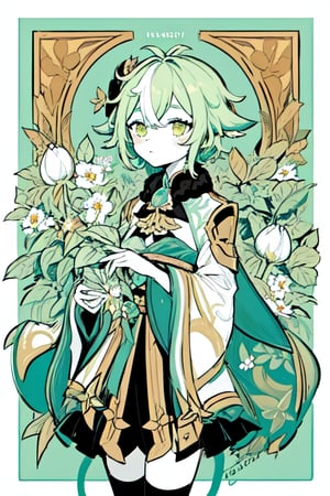 masterpiece, best quality, high quality, 1girl, flowers, strawberry flowers, big flowers, flat color, lineart, abstract, ornate, light green theme, polychrome, wanderer, limited palette, ,sucrose \(genshin impact\)