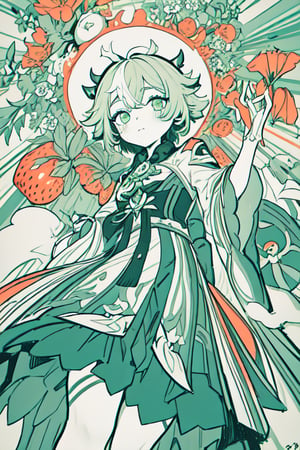 masterpiece, best quality, high quality, 1girl, (from below:1.2), flowers, strawberry flowers, big flowers, flat color, lineart, abstract, ornate, light green theme,  monochrome palette, polychrome, wanderer, limited palette, ,sucrose \(genshin impact\)