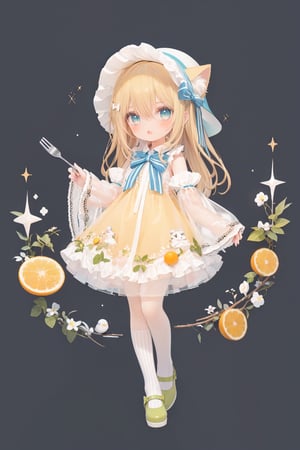  (cinematic lighting), dreamy atmosphere, Ray tracing, (((solo))), (loli:1.5), (child:1.5), (petite:1.5), green eyes, (animal ears), dress, solo, food, blonde hair, open mouth, long hair, pancake, flower, holding, bow, smile, fork, bird, socks, looking at viewer, shoes, striped background, holding fork, bonnet, striped, frills, long sleeves, :d, yellow dress, bangs, eyebrows visible through hair, blush, green nails, hair bow, nail polish, diagonal stripes, chick, sparkle, frilled dress, orange bow, fruit, full body, :3, hair between eyes, green bow, puffy sleeves, heart, lemon, orange footwear, animal ear fluff, white bow, cat ears, bobby socks, orange headwear, see-through sleeves, blue background, striped bow, hair ornament, white legwear, mary janes