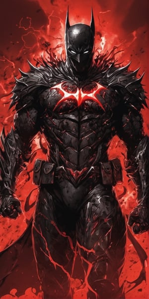 Batman fused with Guts, red aura made of Bats, blood, marvel, Batman, strong pose, guts, Berserk, anime_berserk, the berserker armour, dog skull helmet, venom symbioti, red trail of bats, Reddeath(the flash)