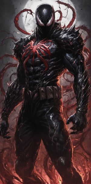 Venom fused with Guts, red aura made of Bats, blood, marvel, venom symbiote, strong pose, guts, Berserk, anime_berserk, the berserker armour, black helmet 