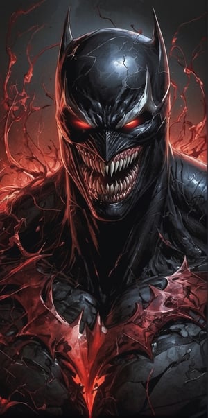 Venom fused with Batman, red aura made of Bats, blood, marvel, venom symbiote
