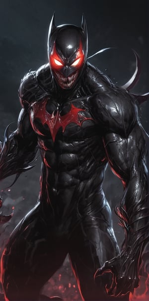 Venom fused with Batman, red aura made of Bats, blood, marvel, venom symbiote, strong pose