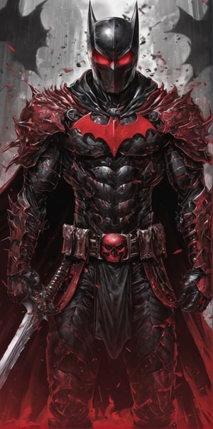 Batman fused with Guts, red aura made of Bats, blood, marvel, Batman, strong pose, guts, Berserk, anime_berserk, the berserker armour, dog skull helmet, venom symbioti 