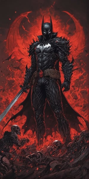 Batman fused with Guts, red aura made of Bats, blood, marvel, Batman, strong pose, guts, Berserk, anime_berserk, the berserker armour, dog skull helmet, venom symbioti, red trail of bats, GHOST Rider