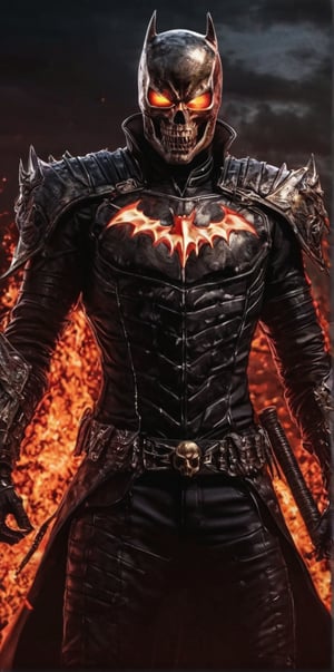 ghost rider fused with Batman, red aura made of Bats, blood, marvel, strong pose, guts, Berserk, anime_berserk, the berserker armour, black helmet , skull