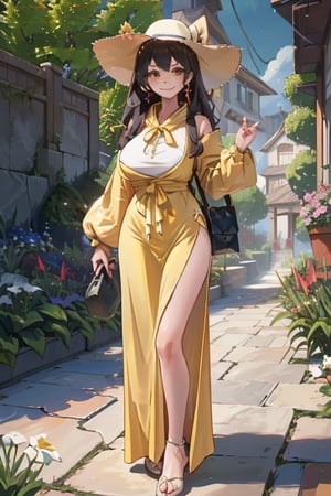 masterpiece, best quality, oharu, yellow sundress, sun hat, smile, large breasts, looking at viewer, garden, standing, long dress 