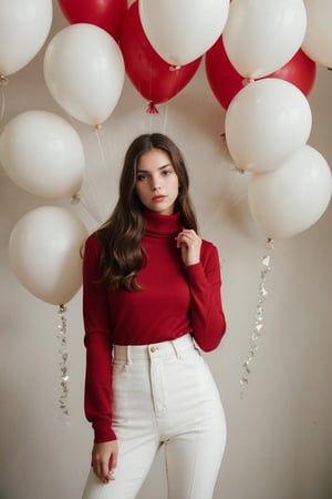 fashion portrait photo of beautiful young woman from the 60s wearing a red turtleneck standing in the middle of a ton of white balloons, taken on a hasselblad medium format camera