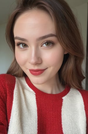 instagram photo, closeup face photo of 23 y.o Rebecca in red white sweater, cleavage, pale skin, (smile:0.4), hard shadows, indonesia,
