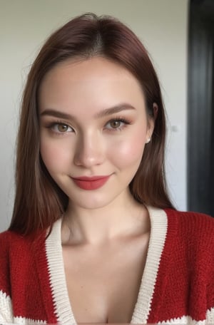 instagram photo, closeup face photo of 23 y.o Rebecca in red white sweater, cleavage, pale skin, (smile:0.4), hard shadows, indonesia,