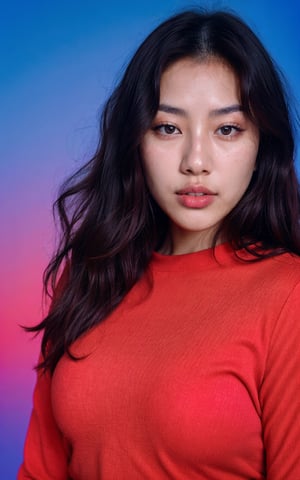 raw photo, photograph, intricate, photo of beautiful korean woman, wavy hair, skin texture, pores, in red and blue gradient color background, cinematic LUT, full_body, camera_view, camera_pov, full clothes, 