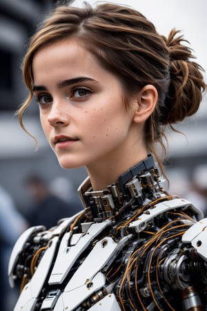 candid mid shot photo of beautiful age 18 girl, skswoman, Emma Watson, loose wires, mechanical, brown hair, messy bun, freckles, sexy, beautiful, dslr, 8k, 4k, ultrarealistic, realistic, natural skin, textured skin,Movie Still,cyborg style,mecha,