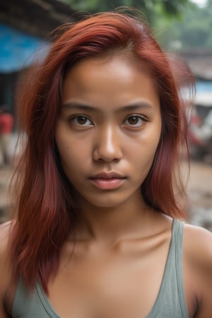 Portrait Photo a portrait,  hyperdetailed indonesian photography,  by Elizabeth Polunin,  red haired young indonesian woman,  brooklyn,  looking straight to camera,  sweaty,  olya bossak,  nepal,  very accurate photo,  suspiria