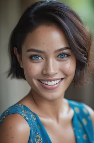 beautiful lady indonesian, (freckles), big smile, blue eyes, short hair, dark makeup, hyperdetailed photography, soft light, head and shoulders portrait, cover
