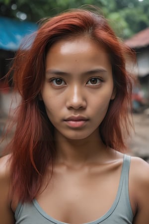 Portrait Photo a portrait,  hyperdetailed indonesian photography,  by Elizabeth Polunin,  red haired young indonesian woman,  brooklyn,  looking straight to camera,  sweaty,  olya bossak,  nepal,  very accurate photo,  suspiria