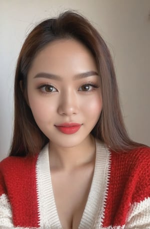 indonesian instagram photo, closeup face photo hyperdetailed of 19 y.o Rebecca indonesian in red and white sweater, cleavage, pale skin, (smile:0.4), hard shadows, aku cantik, aku imut, 