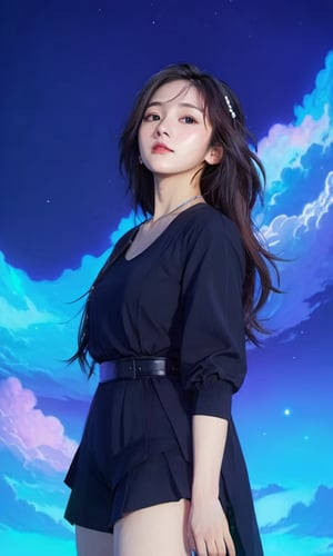 xxmixgirl, (masterpiece:1.0), (highest quality:1.12), (HDR:1.0), a girl with long hair looking at viewer, with a teal background and a indigo sky, constant, vaporwave colors, a character portrait, synchronization, detailed, realistic, 8k uhd, high quality