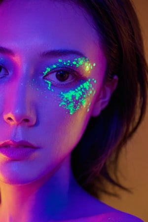 xxmix_girl, portrait of a woman with blacklight makeup, soft light, sunshine, xxmix girl woman, blacklight makeup, , , 