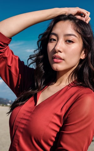 4D beautiful girl, raw photo, photograph, intricate, photo of beautiful korean woman, wavy hair, skin texture, pores, in red and blue gradient color background, cinematic LUT, full_body, camera_view, camera_pov, full clothes, full black jacket, fully_dressed, fully_clothed, full-body_portrait, full-length_portrait, raised_arms, arms_up, beautiful face, chinese, korean, japanese, 5_fingers, realism, real_life