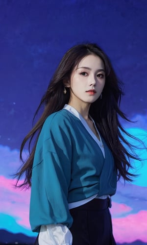 xxmixgirl, (masterpiece:1.0), (highest quality:1.12), (HDR:1.0), a girl with long hair looking at viewer, with a teal background and a indigo sky, constant, vaporwave colors, a character portrait, synchronization, detailed, realistic, 8k uhd, high quality