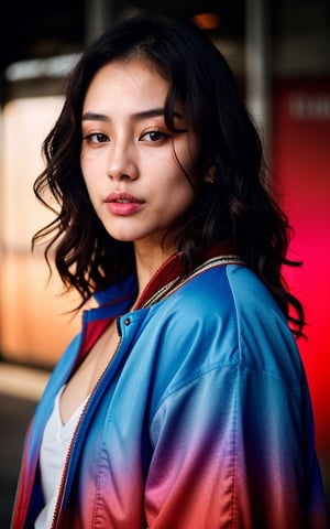 3D, beautiful, raw photo, photograph, intricate, photo of beautiful korean woman, wavy hair, skin texture, pores, in backlight red and blue gradient random background, cinematic, jacket black, 