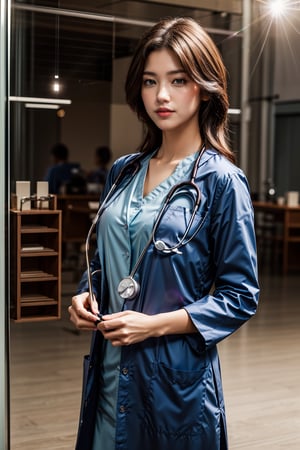 shopping mall, long blonde fringe hair, brown eyes, 1 busty girl, doctor, Stethoscope on neck, smile, innocent, 100mm lens, (photorealistic, lens flare:1.4), look right side, as doctor, uniform, (intricate details:1.2),(masterpiece, :1.3),(best quality:1.4), (ultra highres:1.2), ultra high res, (detailed eyes), (detailed facial features), HDR, 8k resolution, (Stethoscope), far view, reflections on floor, low cut open cloth
