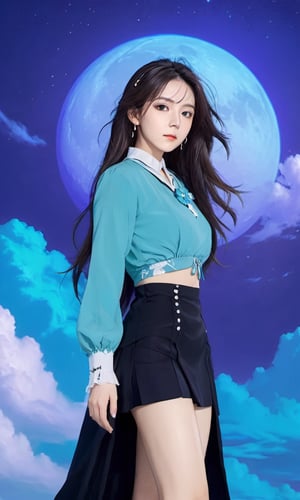 xxmixgirl, (masterpiece:1.0), (highest quality:1.12), (HDR:1.0), a girl with long hair looking at viewer, with a teal background and a indigo sky, constant, vaporwave colors, a character portrait, synchronization, detailed, realistic, 8k uhd, high quality
