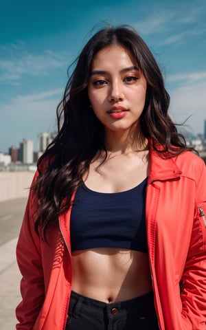3D, beautiful, raw photo, photograph, intricate, photo of beautiful korean woman, wavy hair, skin texture, pores, in backlight red and blue gradient random background, cinematic, jacket black, full_body, camera_view, full clothes, 