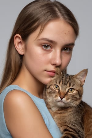 photo realistic,  masterpiece,  hyper detailed,  beautiful teenager with acne holds a cat,  chestnut,  8k uhd,  soft lighting,  looks at viewer, 