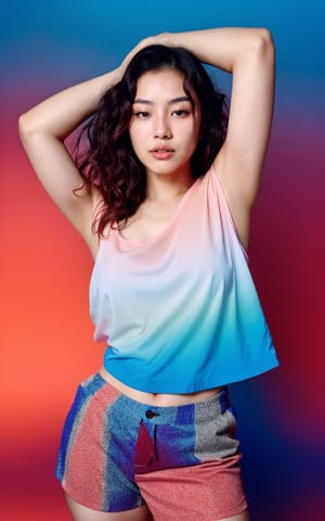 raw photo, photograph, intricate, photo of beautiful korean woman, wavy hair, skin texture, pores, in red and blue gradient color background, cinematic LUT, full_body, camera_view, camera_pov, full clothes, 
