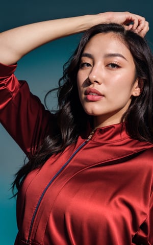 4D beautiful girl, raw photo, photograph, intricate, photo of beautiful korean woman, wavy hair, skin texture, pores, in red and blue gradient color background, cinematic LUT, full_body, camera_view, camera_pov, full clothes, full black jacket, fully_dressed, fully_clothed, full-body_portrait, full-length_portrait, raised_arms, arms_up, beautiful face, chinese, korean, japanese,