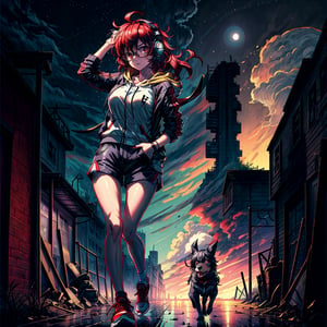 1 girl ahoge alternate_costume red_hair purple_hair grey_shorts mess_long_hair galaxy_nails glasses headphones jacket looking_at_viewer male_focus black_sneakers rain_comet_on_sky gigantic_clouds perspecrive dog_pet_running_ahead searching_broken_building_post_apocalyptic,malina(helltaker)