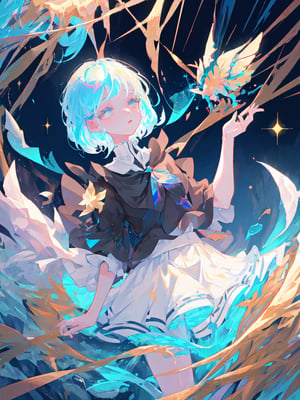 girl, cute, short hair, iridescent blue selenite hair, sparkle hair, (water like hair), soft glow effect, in the style of houseki no kuni, (best quality)