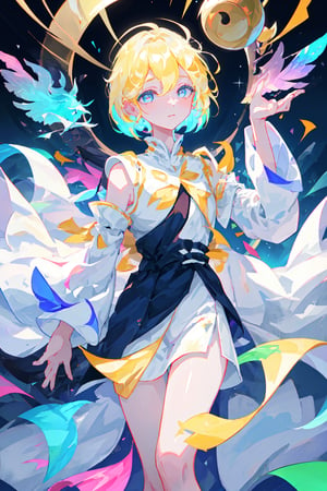 girl, solo, 1girl, short hair, {{{{shimmer hair}}}}, glowing hair, {iridescent silver hair}, {{{hair (houseki no kuni)}}}, beautiful detailed eyes, white robes, detached sleeves, overly long sleeves, sleeves past fingers, depth of field, (masterpiece:1.2), (best quality:1.3), masterful composition