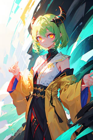 girl, solo, 1girl, short light green hair, black horns, yellow eyes, glowing eyes, white robes, detached sleeves, overly long sleeves, sleeves past fingers, depth of field, (masterpiece:1.2), (best quality:1.3), masterful composition