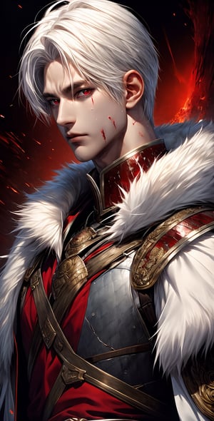 solo, red eyes, 1boy, upper body, white hair, male focus, sweat, armor, fur trim, blood, scar, fur collar,portrait,beautyniji