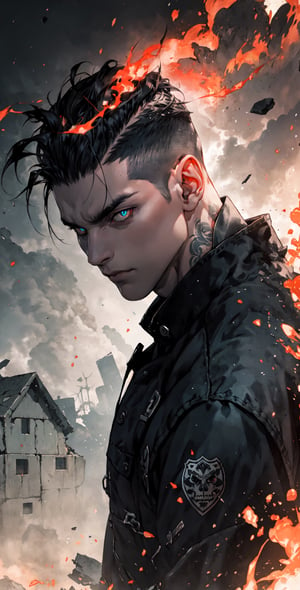 Omnipotent being with fiery eyes,dilf,undercut,tattoos,portrait,destruction,complex_background.
